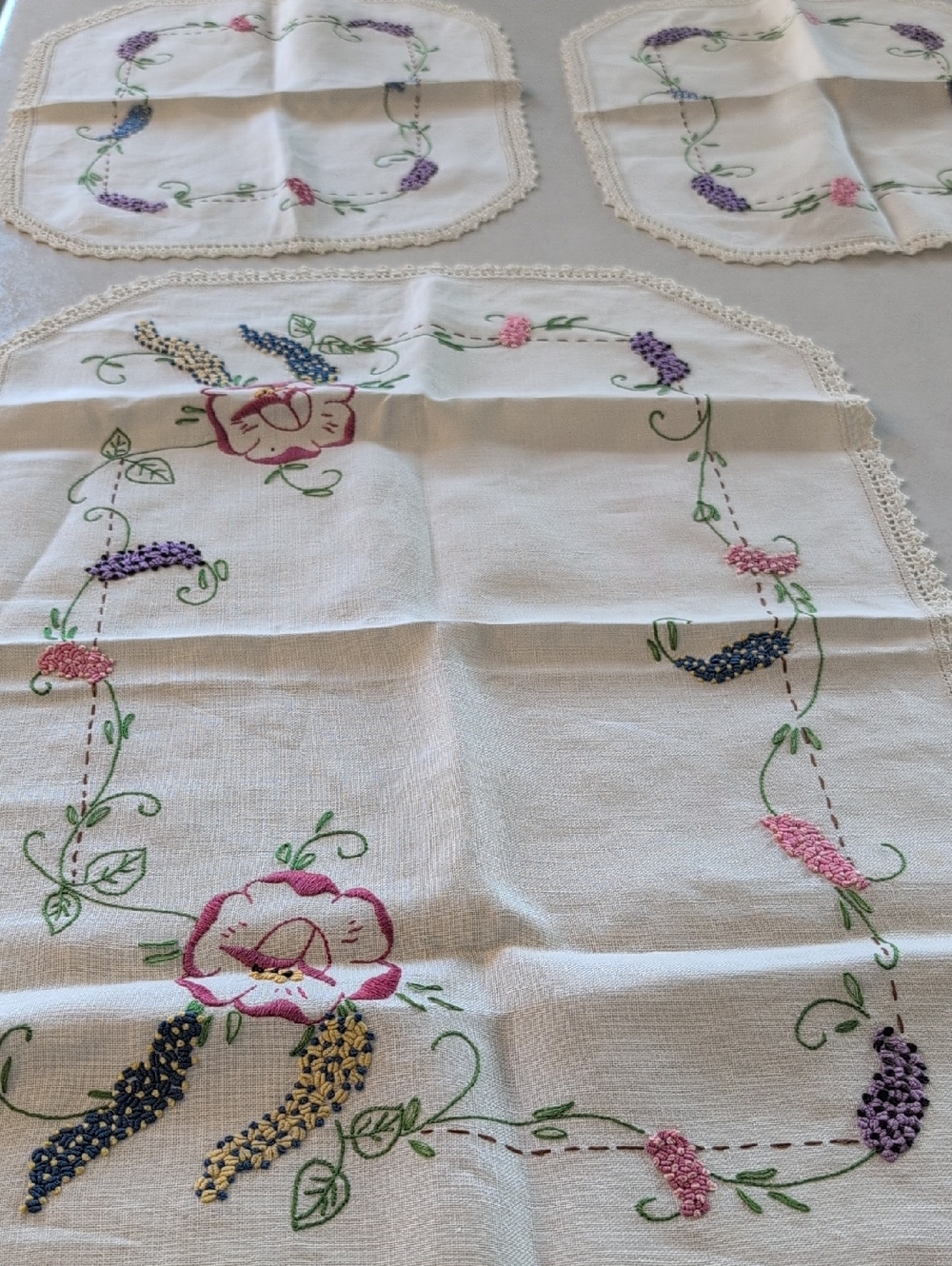 Hand-Embroidered Floral Linen Doilies - Set